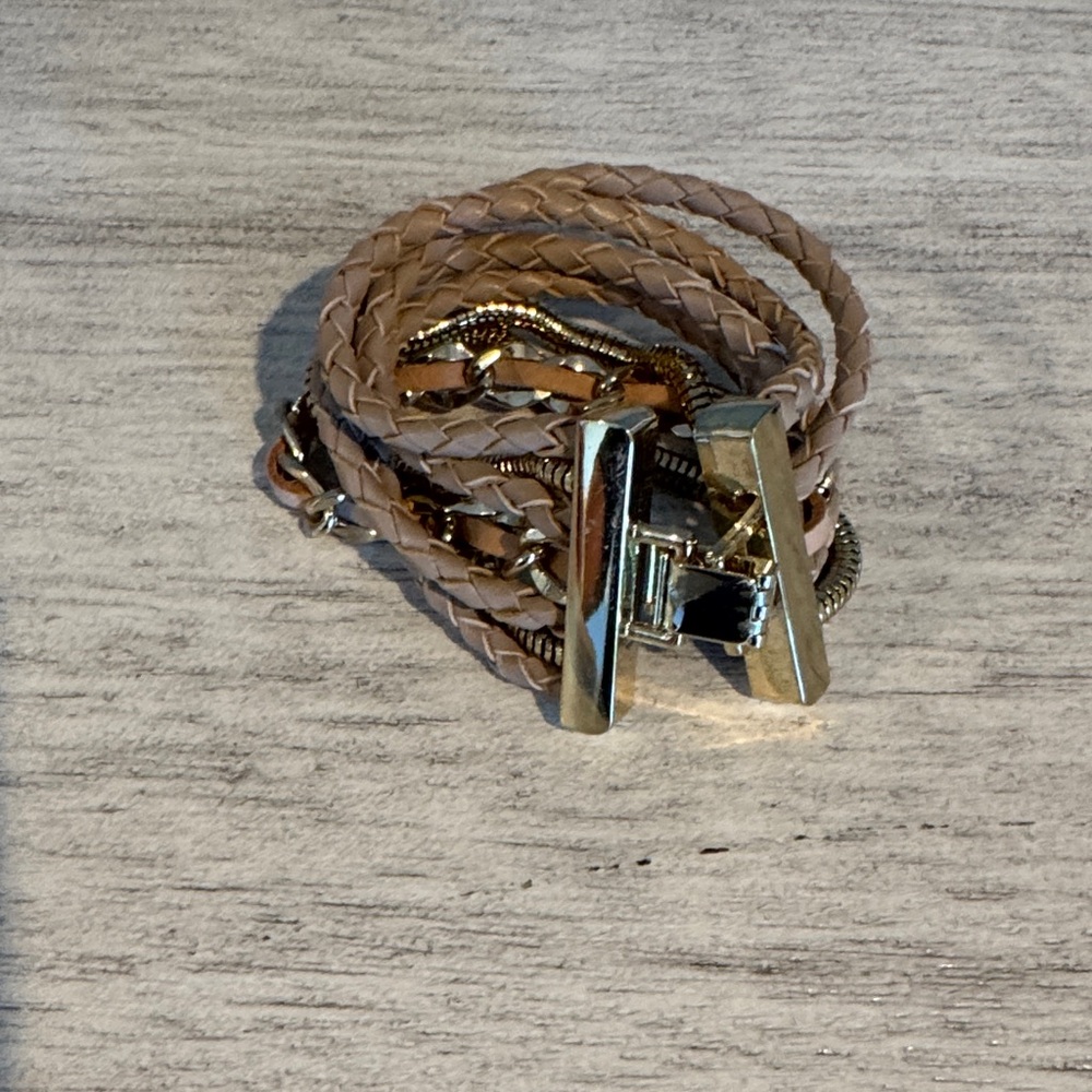 Multi-Strand Taupe Braided Wrap Bracelet with Gold Hardware